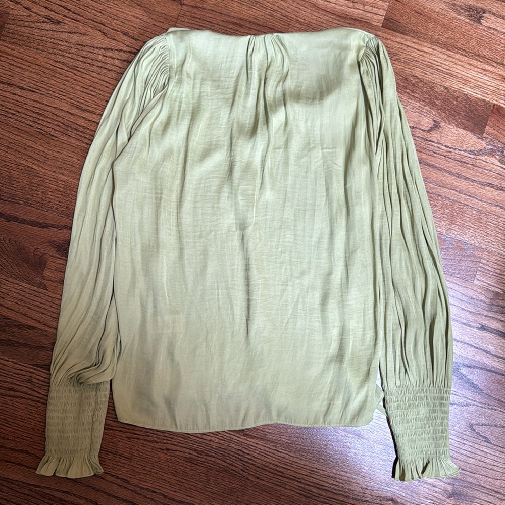 Tie neck sateen blouse in avocado size large - Picture 5 of 5
